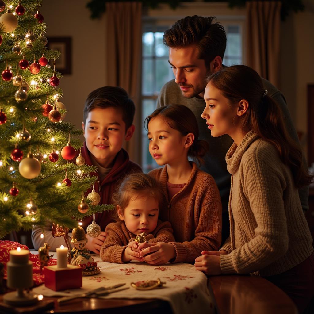 Family Admiring Antique Christmas Ornaments