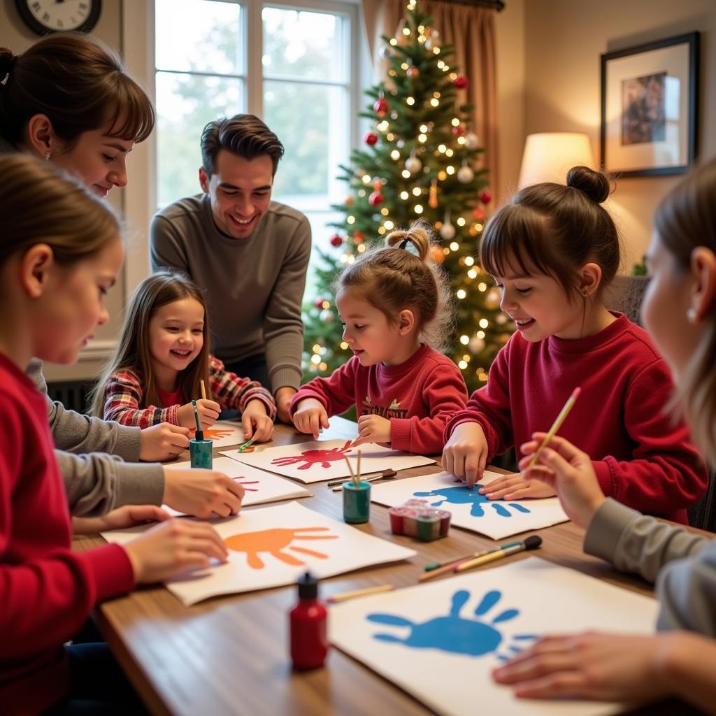 Family creating christmas handprint art