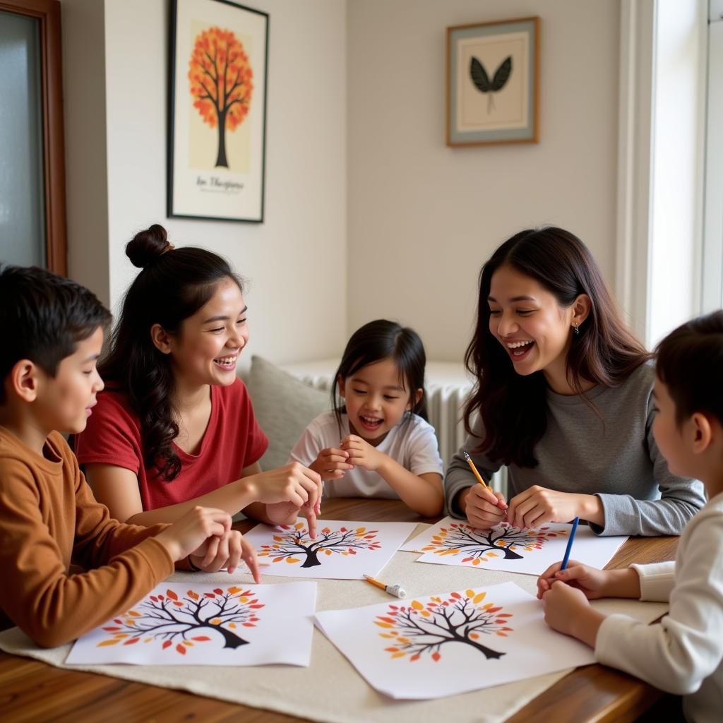 Family engaging in gratitude tree art therapy