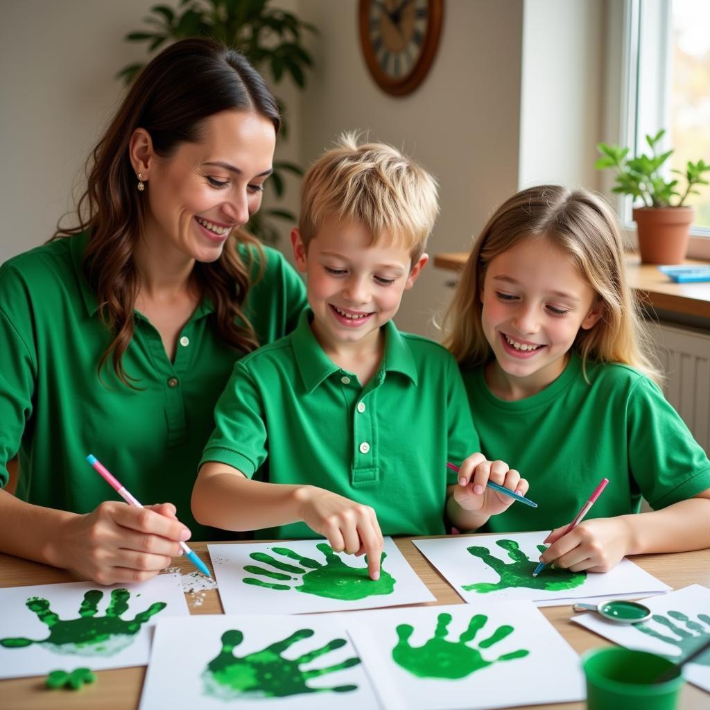 Family Creating St. Patrick's Day Handprint Art Together