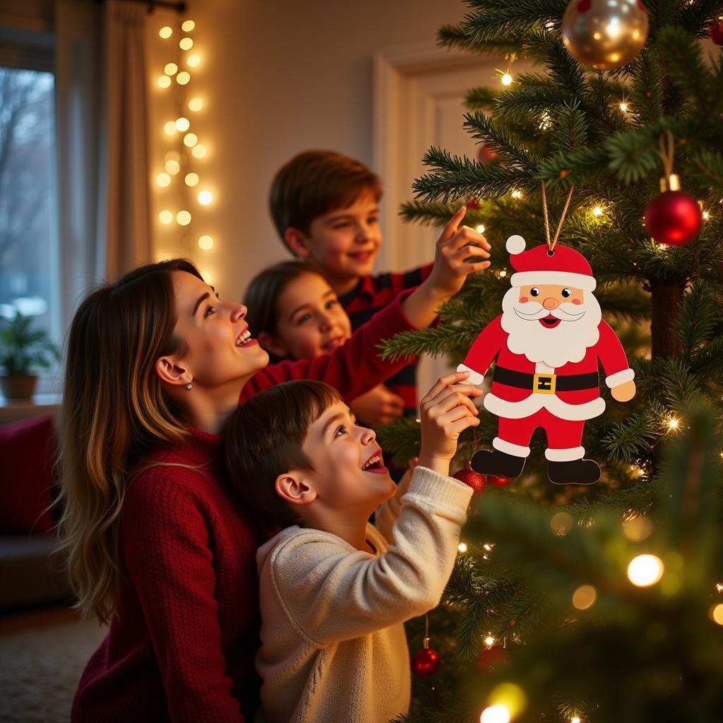 Family Decorating Christmas Tree with Santa Folk Art