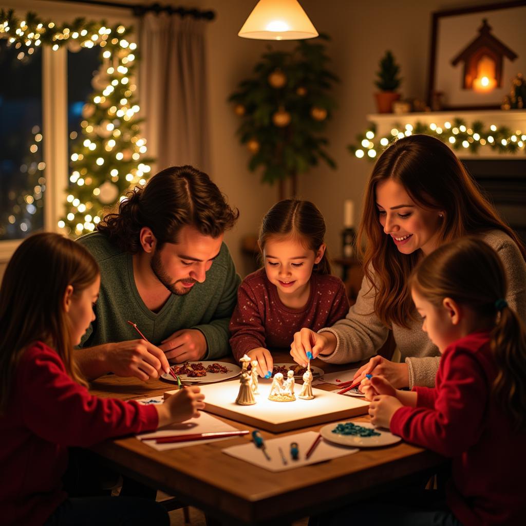 Family painting a nativity scene together during the Christmas holidays