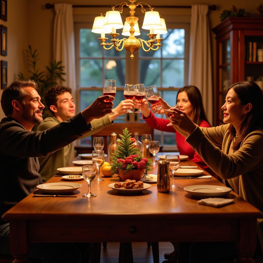 A family toasting with vintage glasses during a holiday celebration