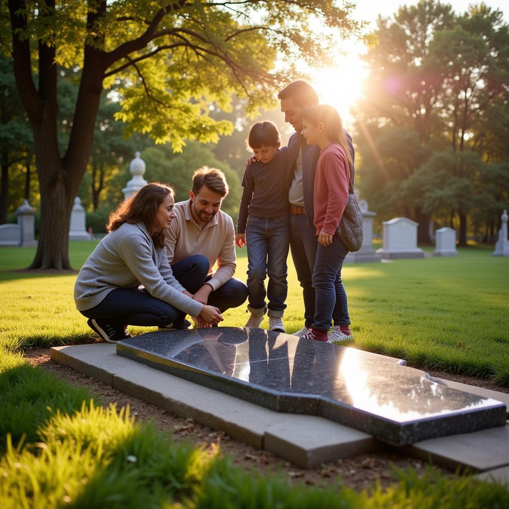 Family Visiting Stone Monument in Cemetery