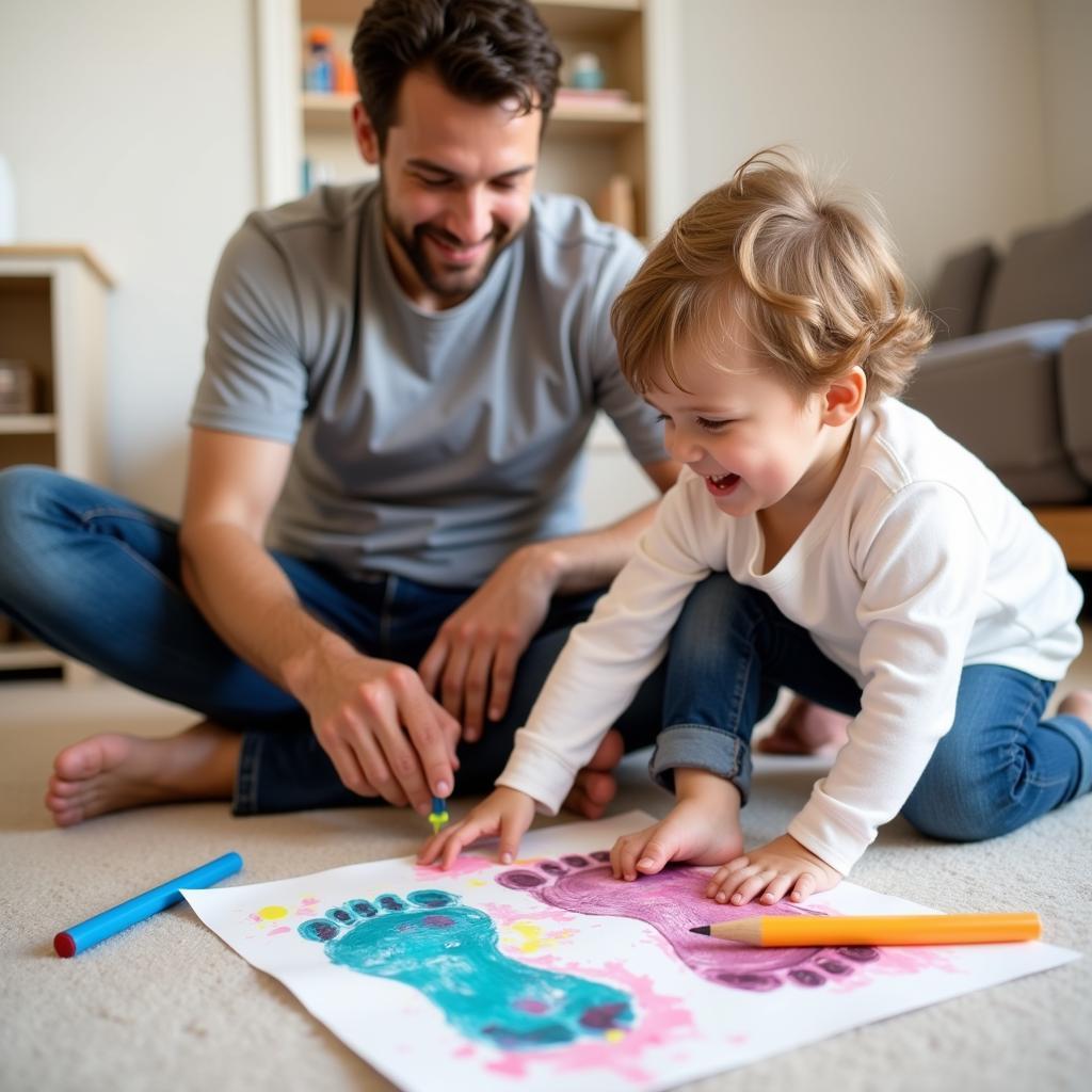 Father and child making footprint art together