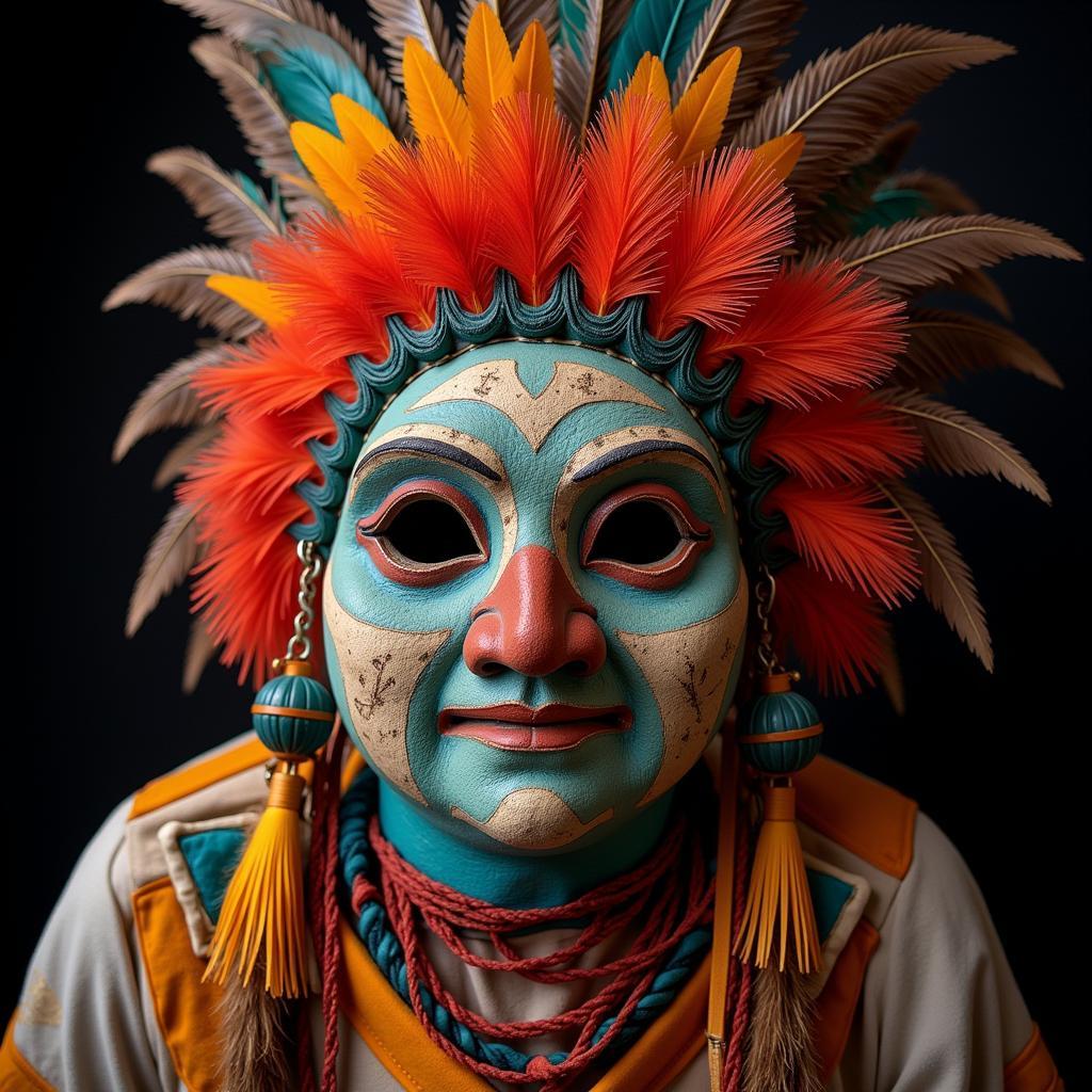 Indigenous Ceremonial Mask with Feather Art