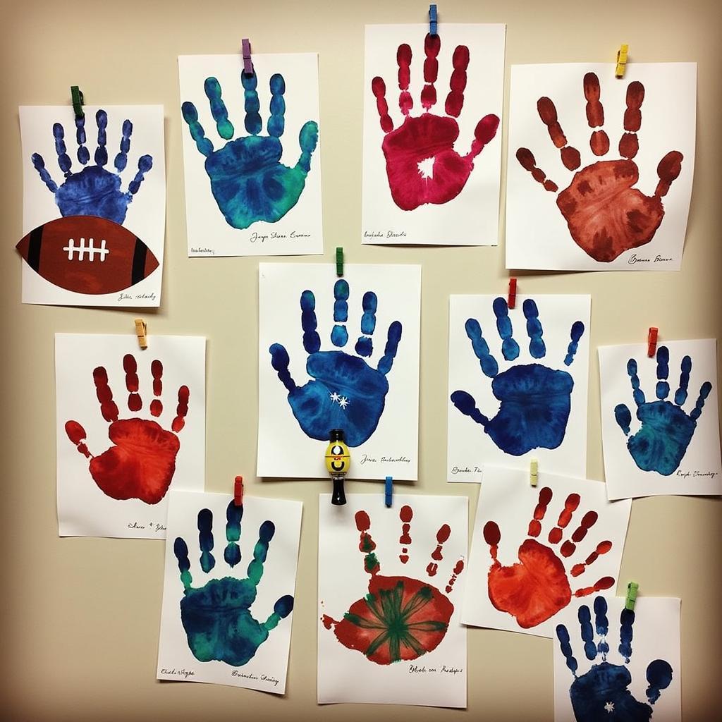 Handprint Football Art Displayed on a Wall