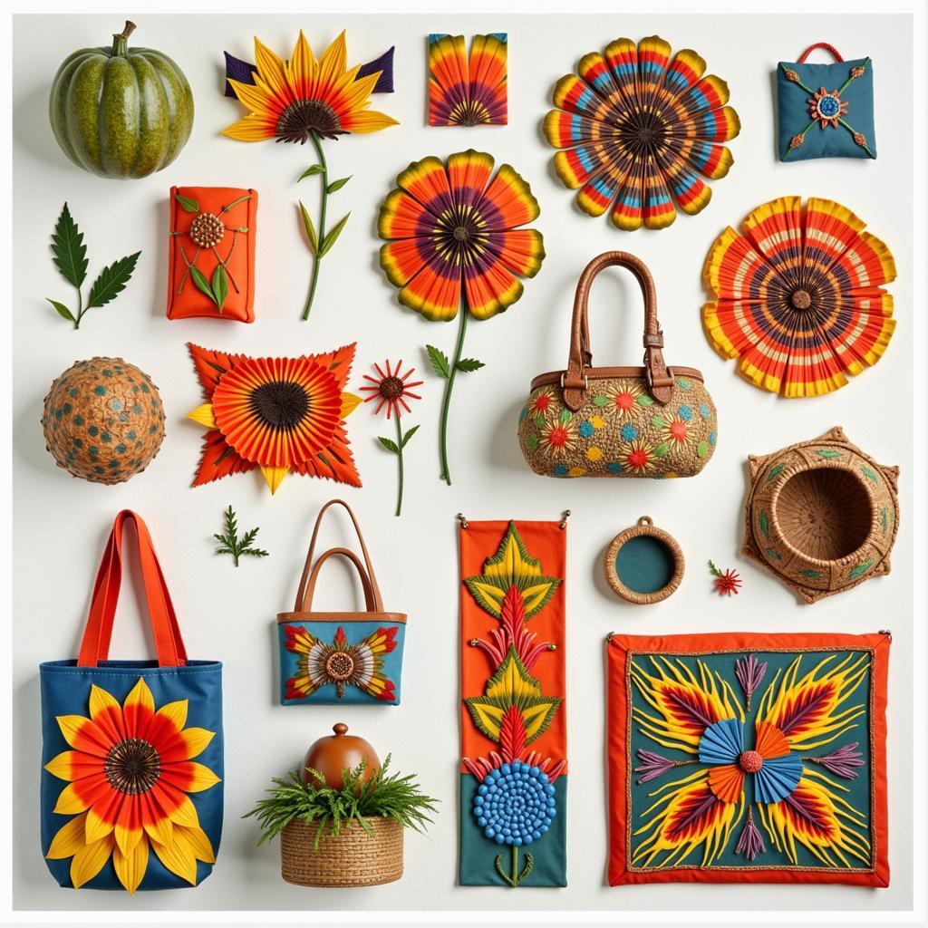 Display of finished papaya art bags used as bags and home decor