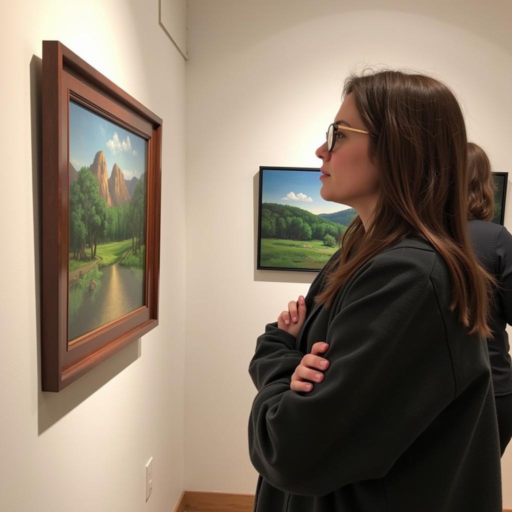 Art enthusiast admiring a painting during First Friday Art Walk