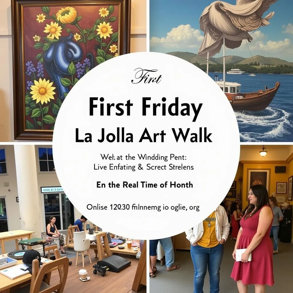 A vibrant scene of galleries and art studios during the First Friday La Jolla Art Walk