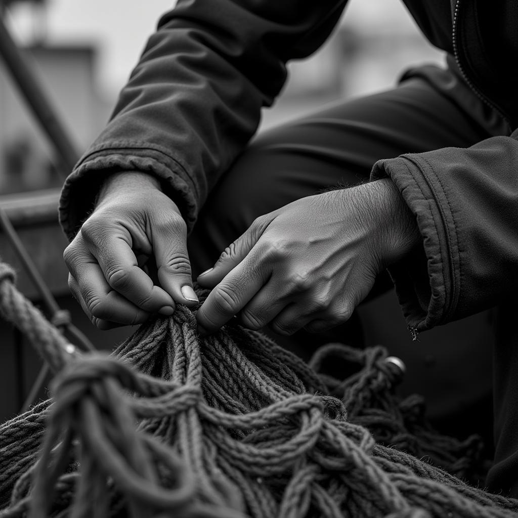 Fisherman Mending Nets on Boat