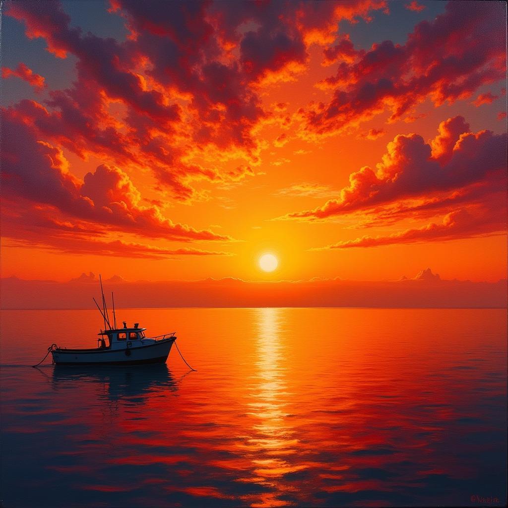 Fishing Boat at Sunset Seascape