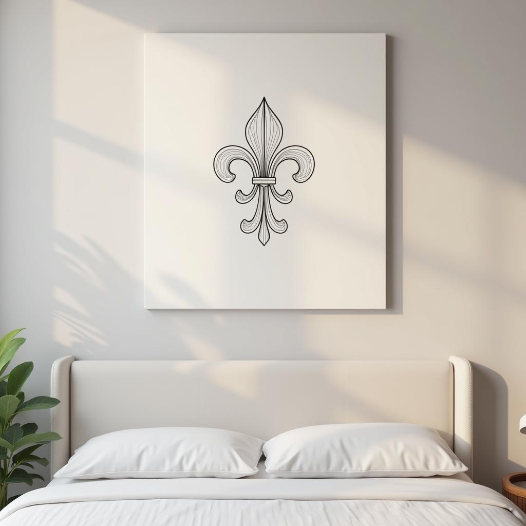 A bedroom adorned with a minimalist fleur-de-lis canvas art