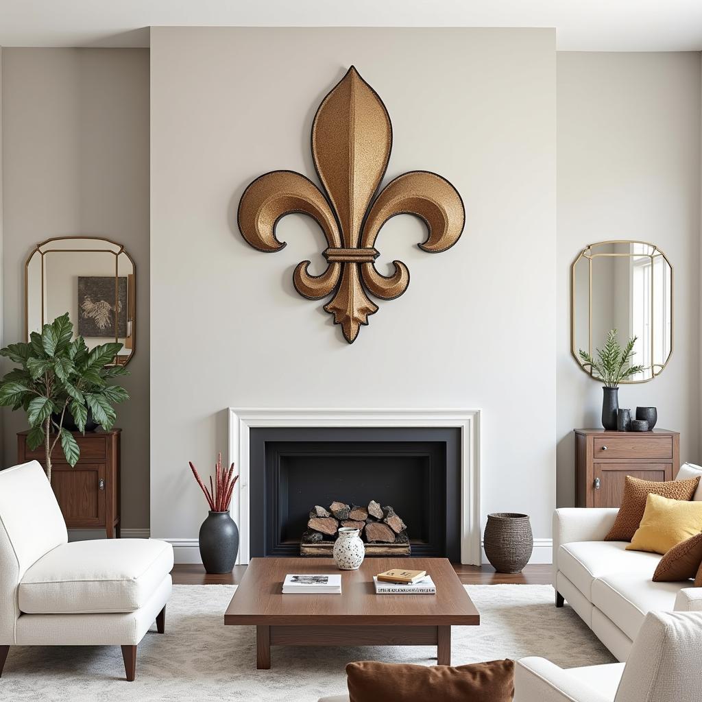 A living room featuring a large fleur-de-lis wall art as a focal point