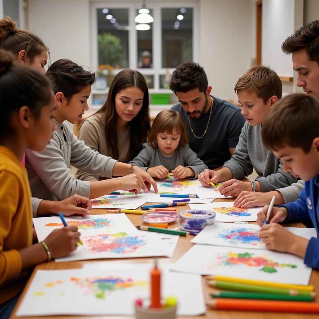 A group of people participating in a Flying Tiger art community project.