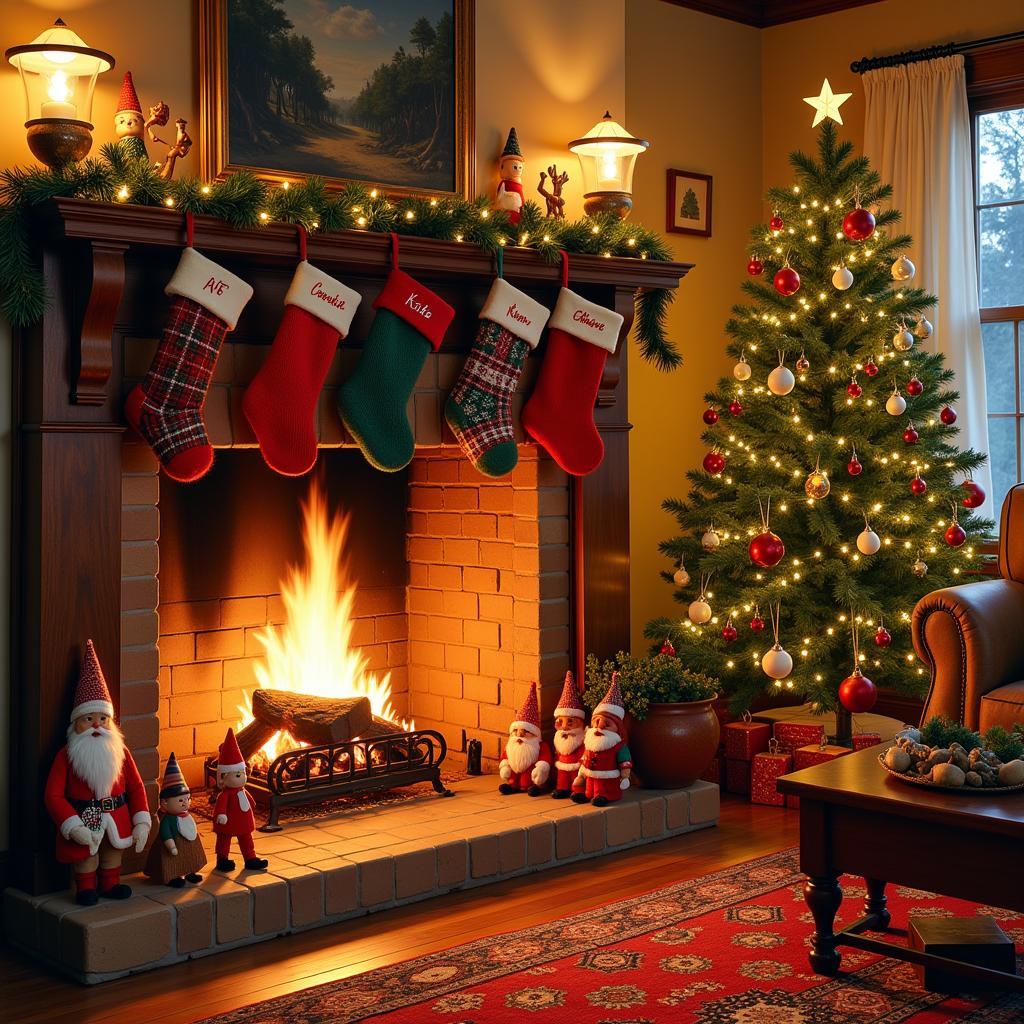 Cozy Folk Art Christmas Scene with Fireplace and Decorations