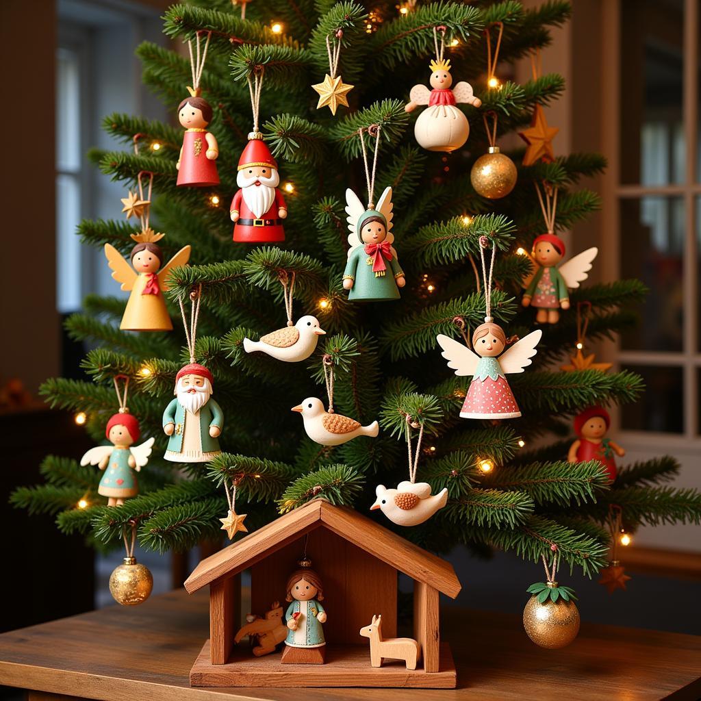 Folk Art Christmas Tree Decorations with Hand-Painted Ornaments and Wooden Figurines