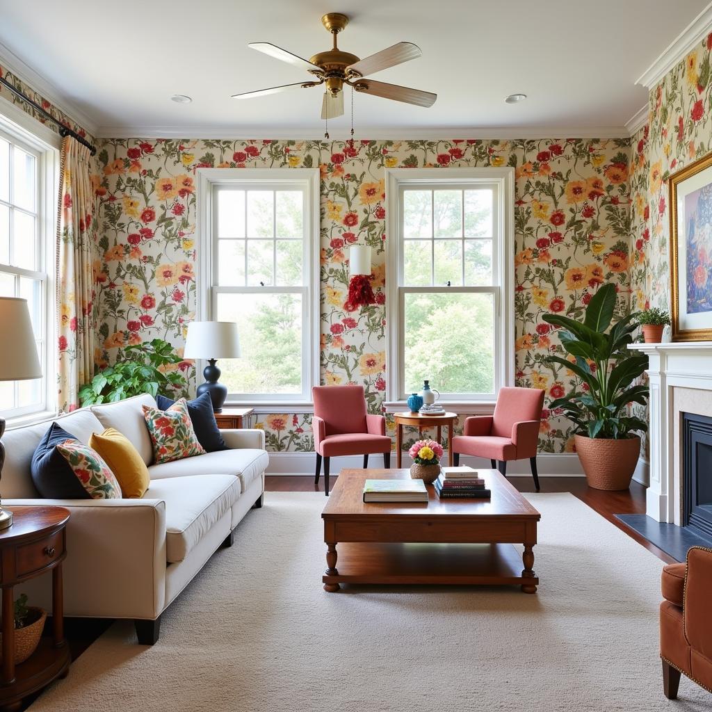 Folk art wallpaper accent wall in a living room