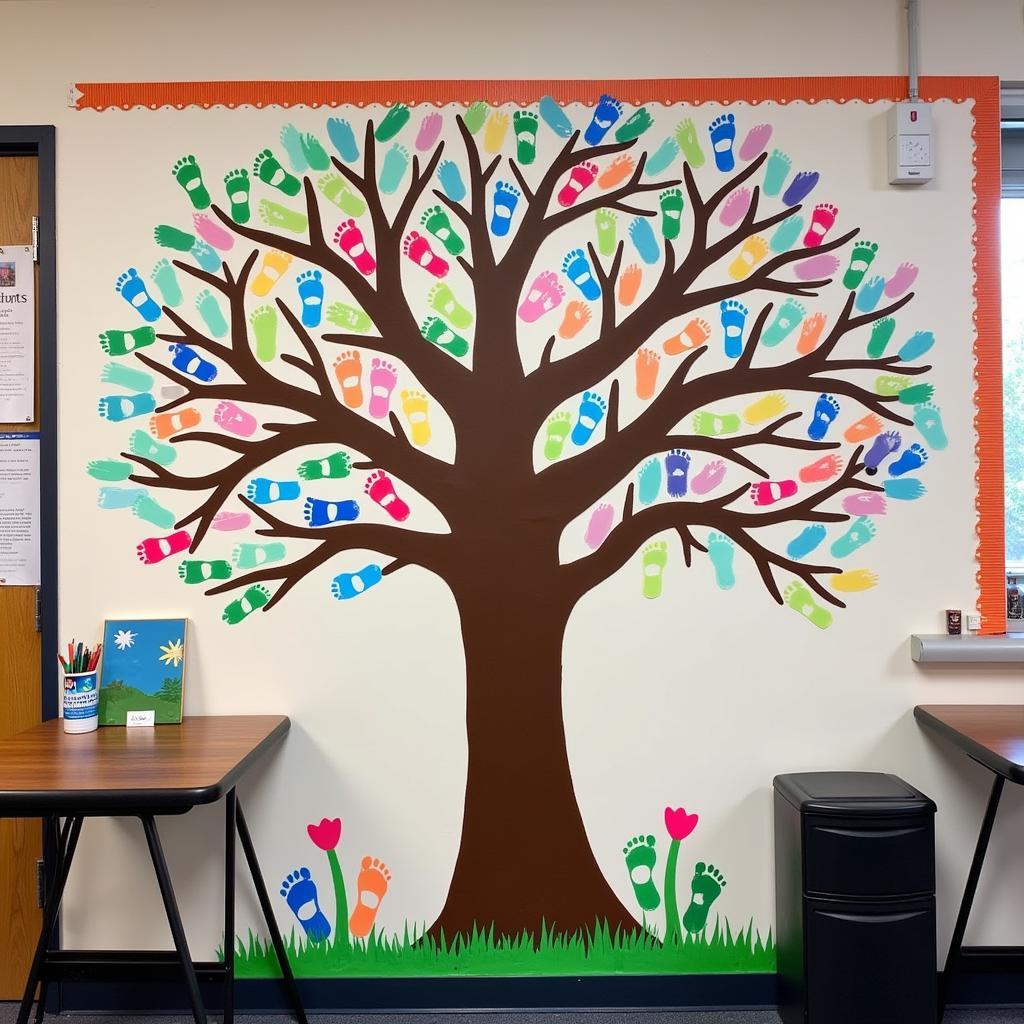 Footprint tree art in a classroom setting