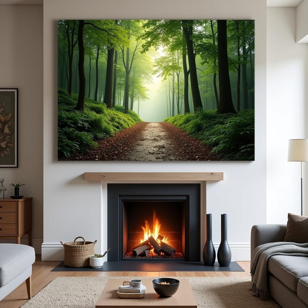 Modern living room with forest canvas above fireplace