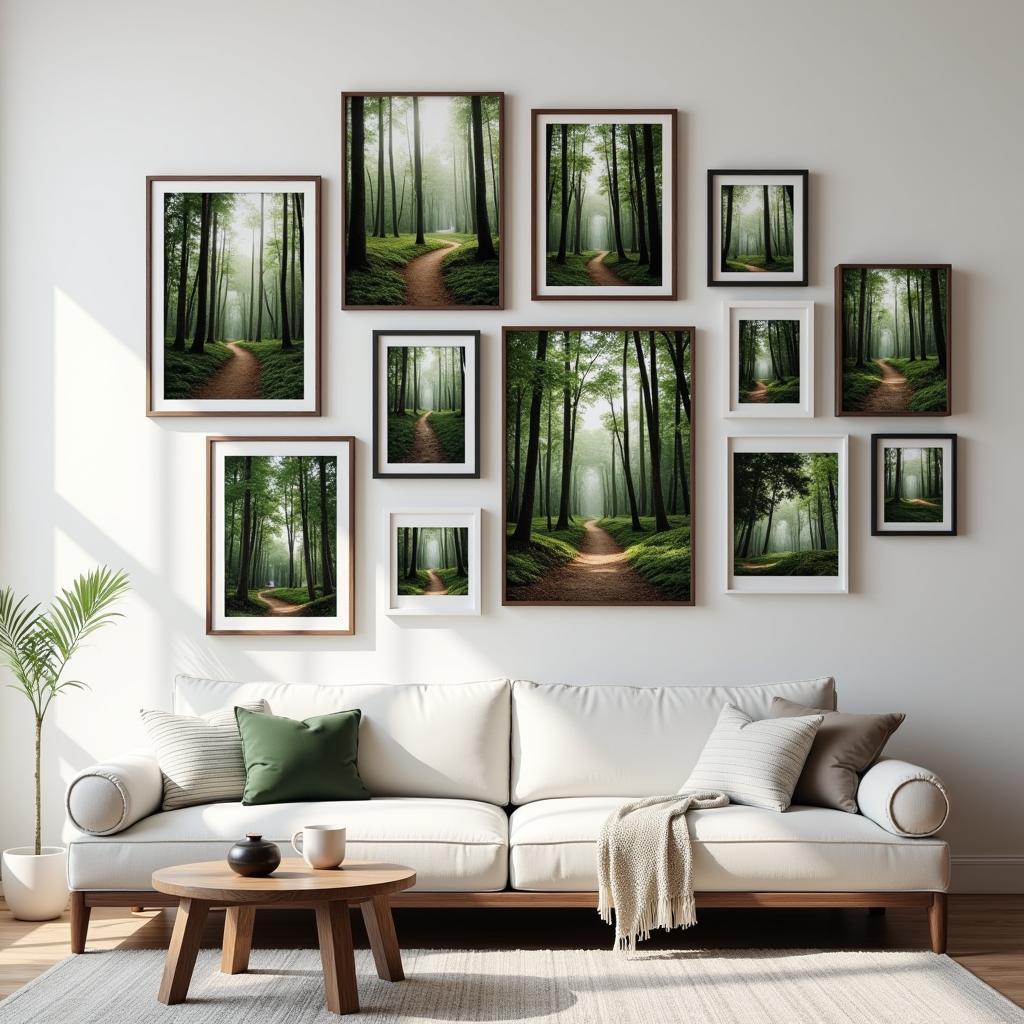 A dynamic gallery wall with various forest canvas art prints