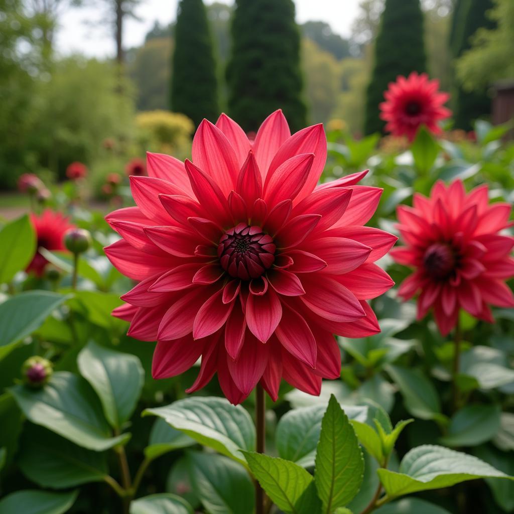 Lush garden with a Formby Art dahlia in full bloom