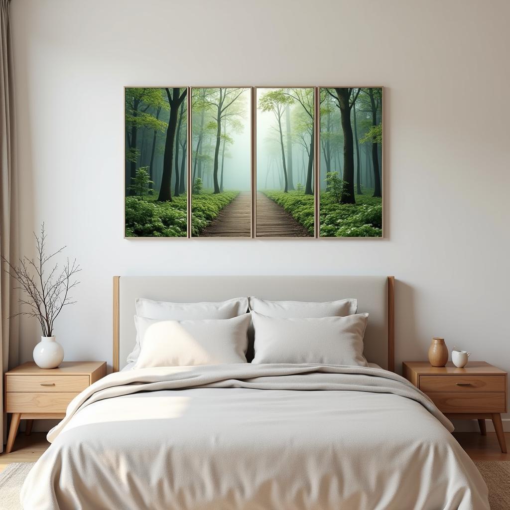 Four Panel Nature-Themed Wall Art in a Bedroom