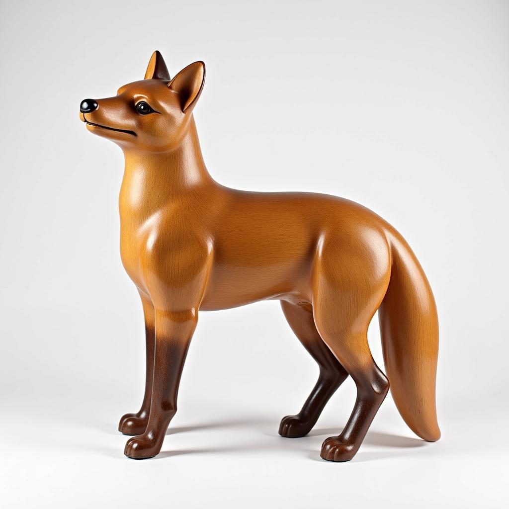 Fox Sculpture Carved from Wood with Natural Finish