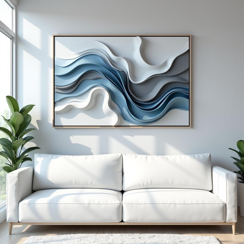 Framed 3D art adds depth and texture to a modern living room.