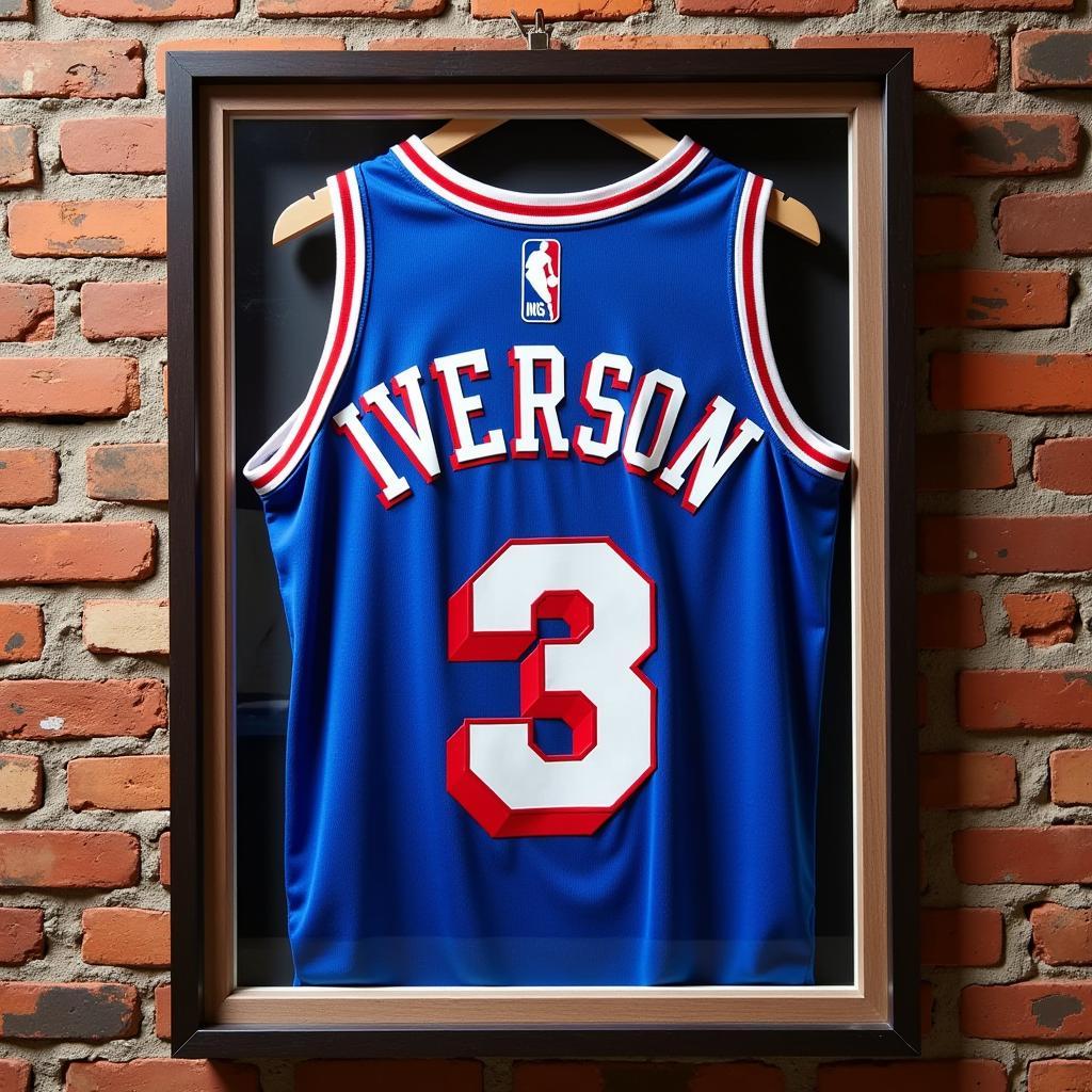 A framed Allen Iverson Philadelphia 76ers jersey displayed prominently on a brick wall