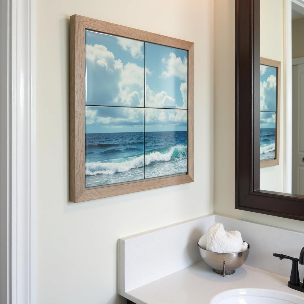 Framed art tile in a bathroom setting