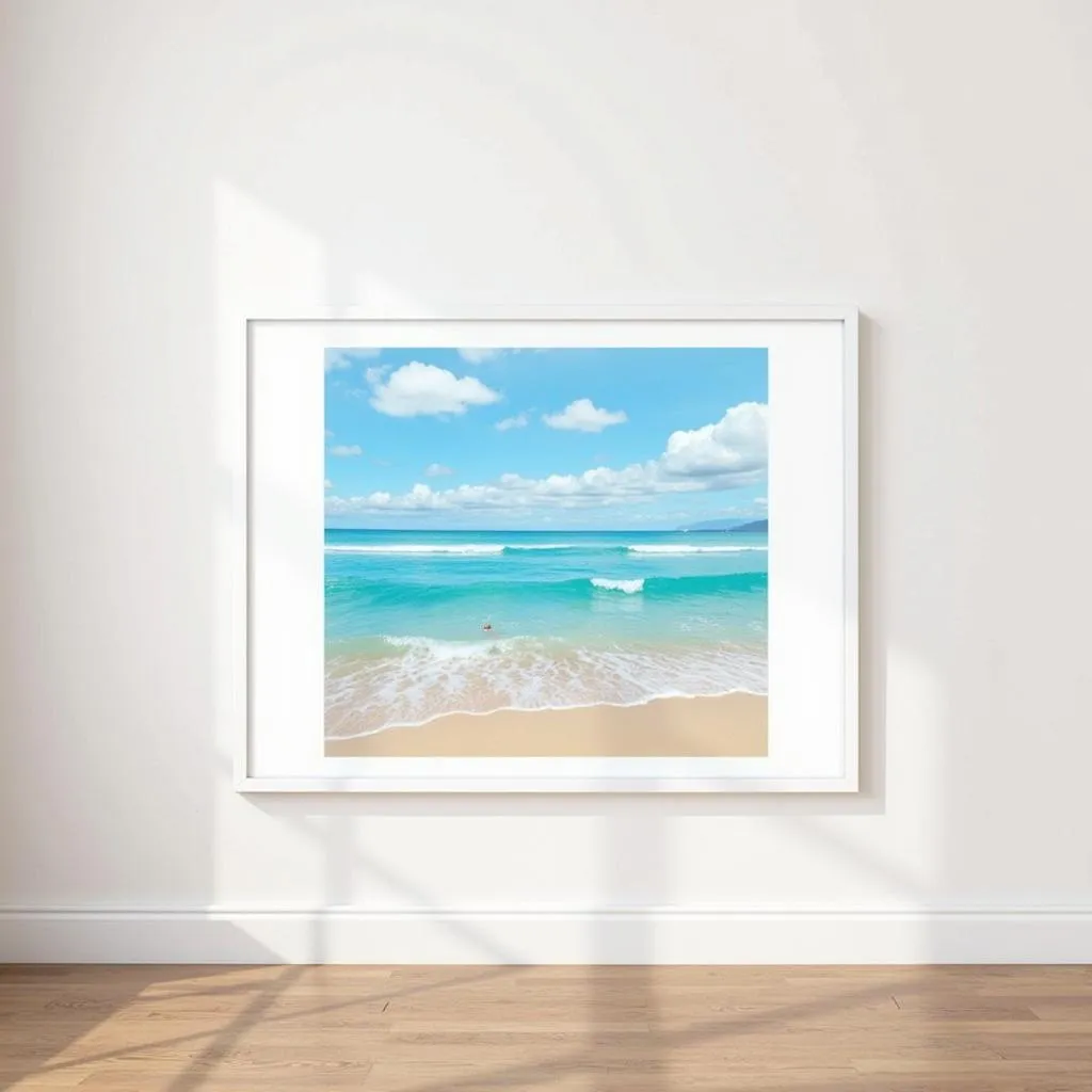 Framed Beach Wall Art with Blue and White Tones