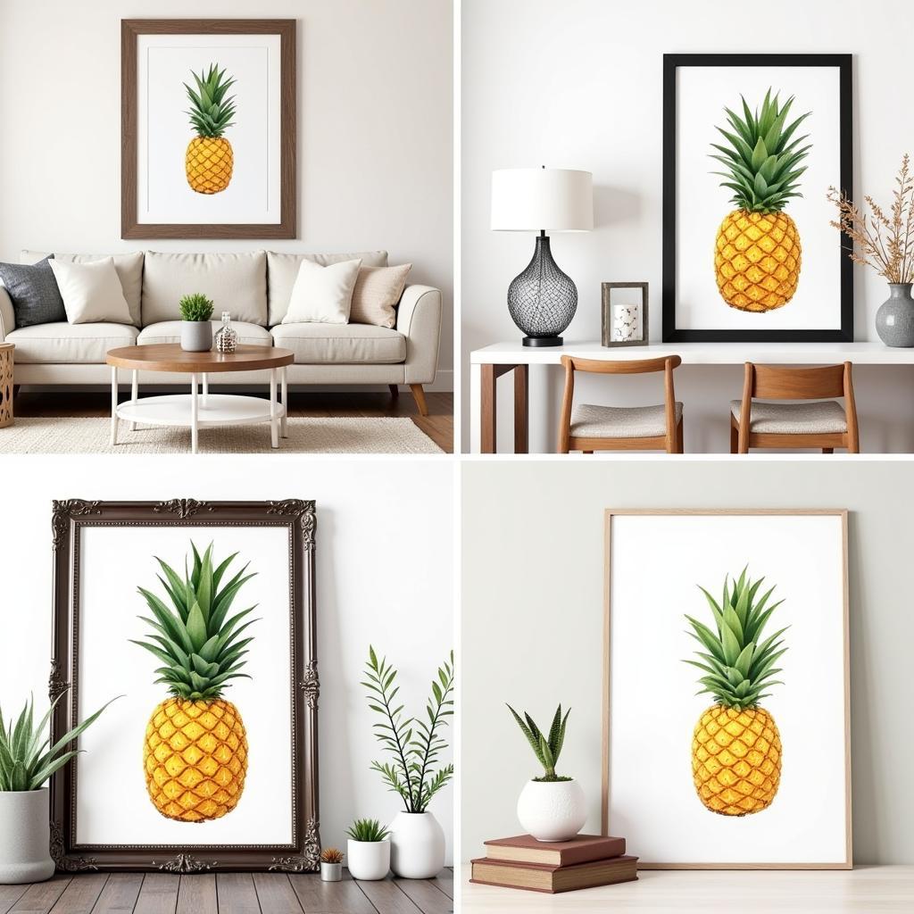 Various styles of framed pineapple art, including watercolor, photography, and digital art, displayed in different frames and settings.