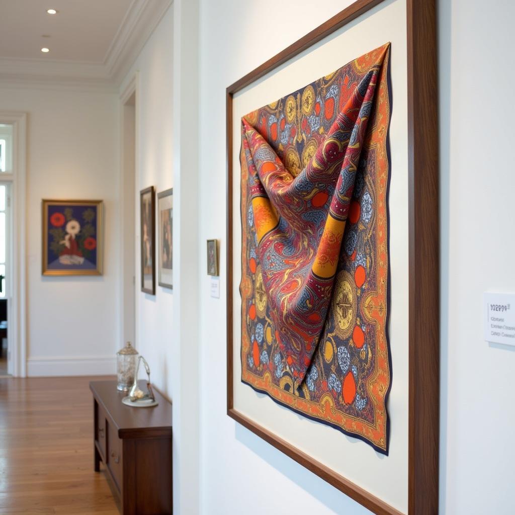 Framed silk scarf wall art showcasing intricate patterns and vibrant colors.