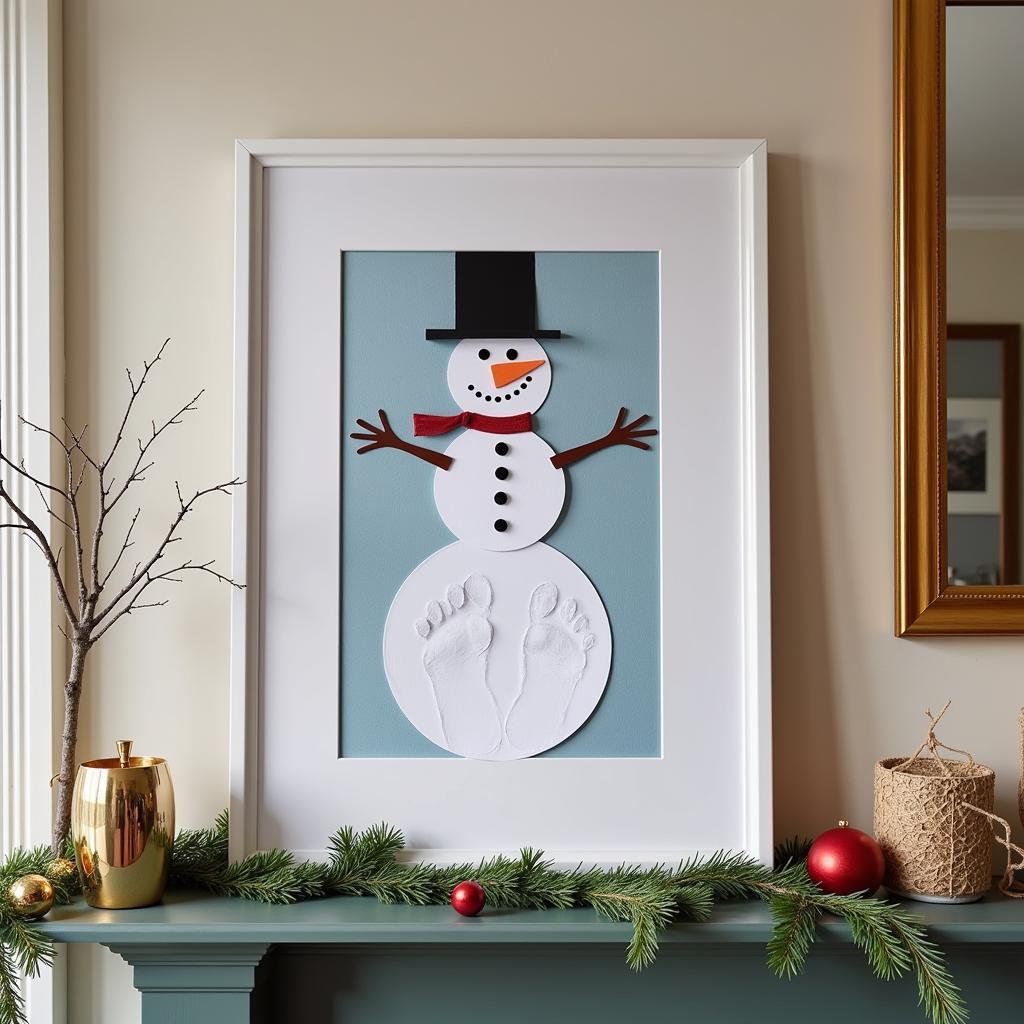 Displaying finished snowman footprint art in a frame