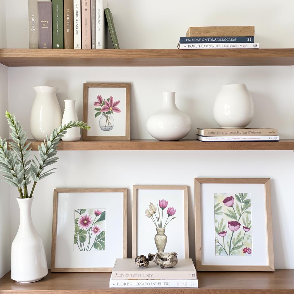 Framed Watercolor Floral Paintings on Shelves