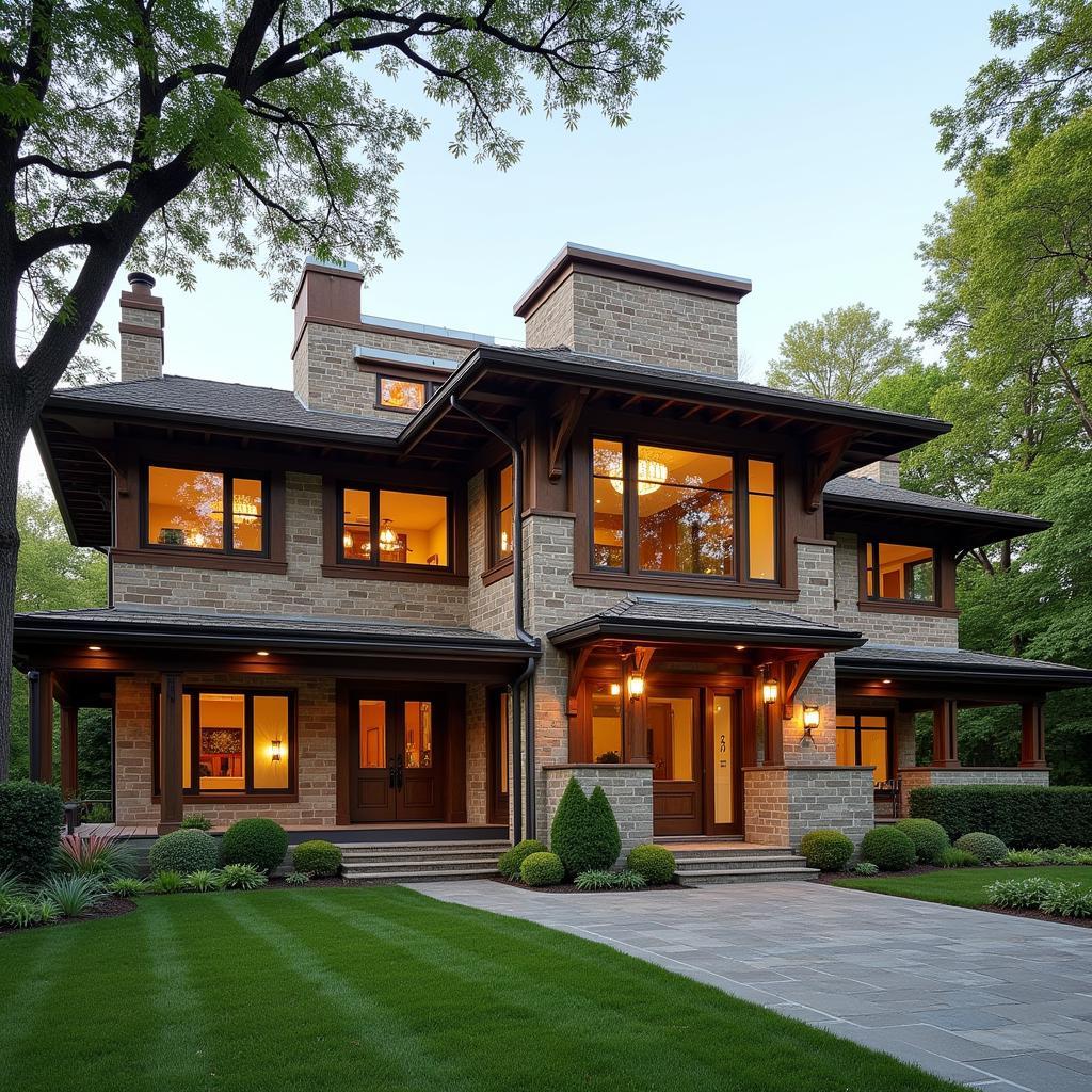 Exterior view of Frank Lloyd Wright house showcasing art glass windows