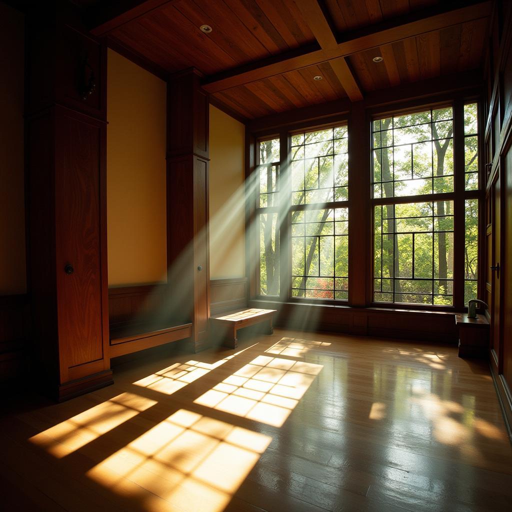 Sunlight streaming through Frank Lloyd Wright art glass, illuminating the interior