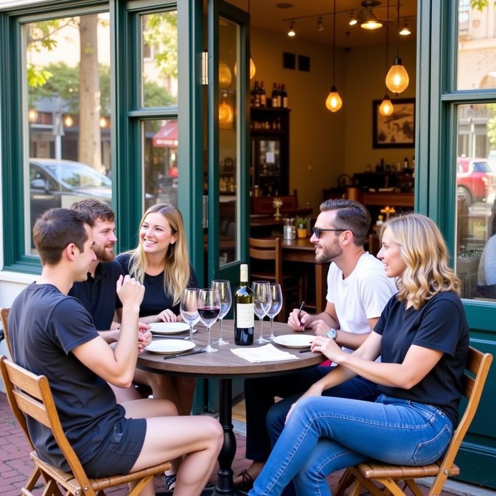 A group of friends laughing and enjoying wine at the Bishop Arts District wine walk