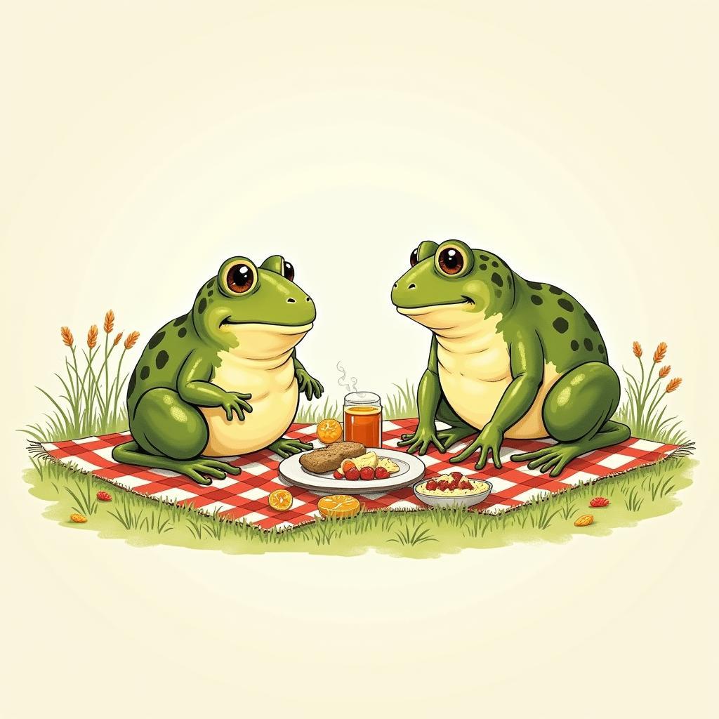 Frog and Toad enjoying a picnic - An Arnold Lobel Illustration