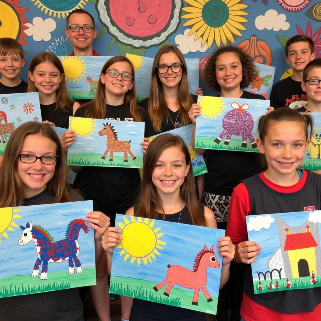 Funky art camp group photo with colorful artwork