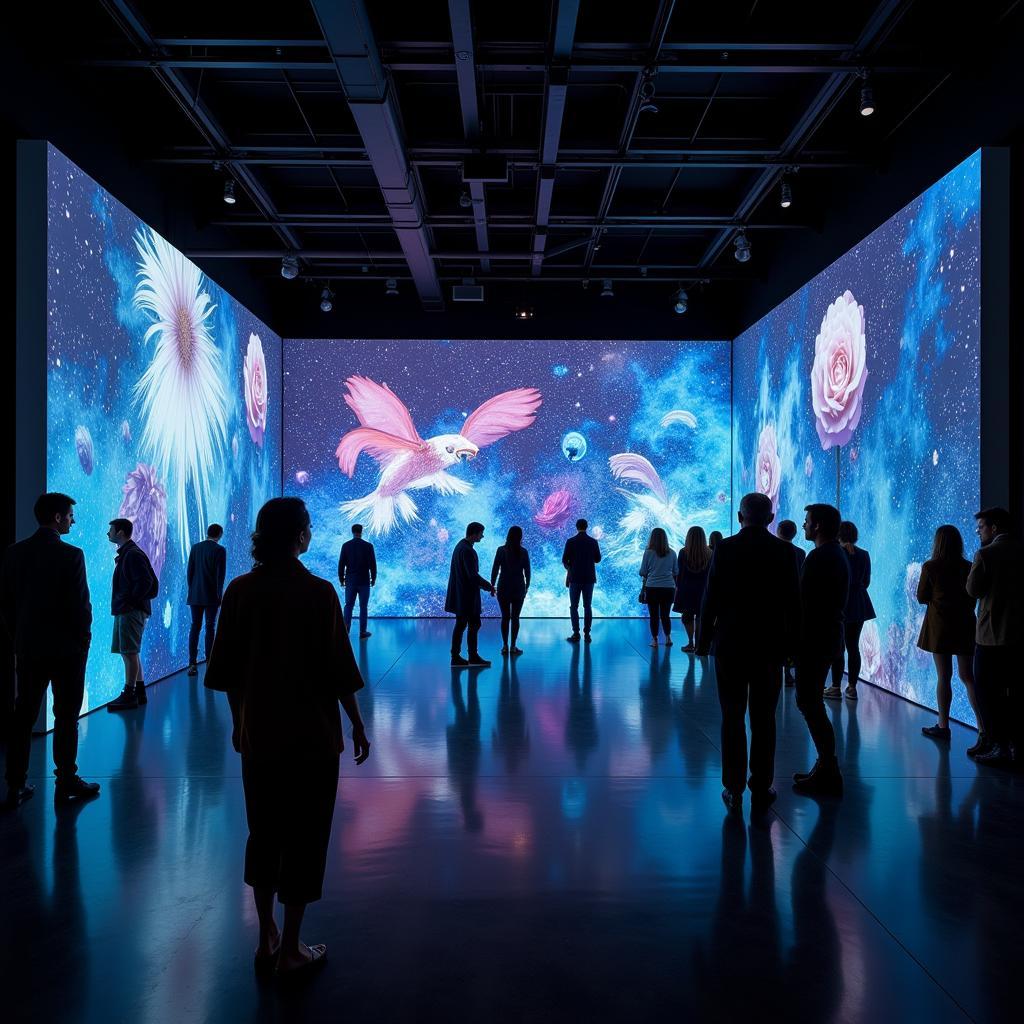 A futuristic swain art installation featuring interactive projections and responsive elements.