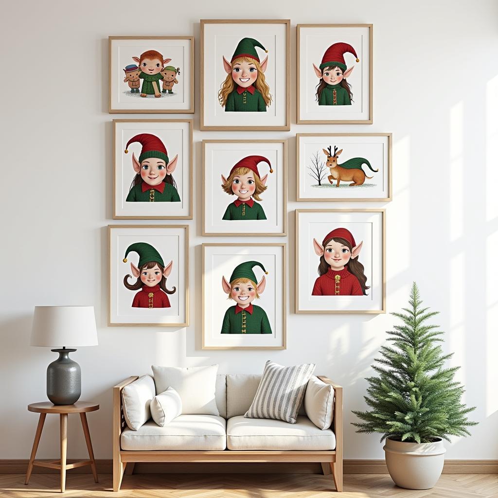 A collection of framed elf art prints arranged on a gallery wall