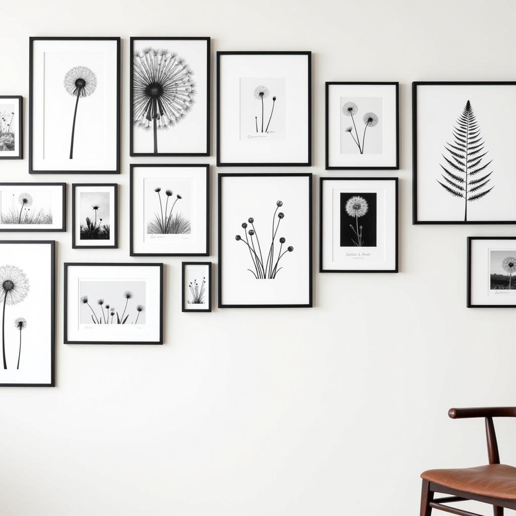 Gallery wall with black and white dandelion art prints in varying sizes and styles