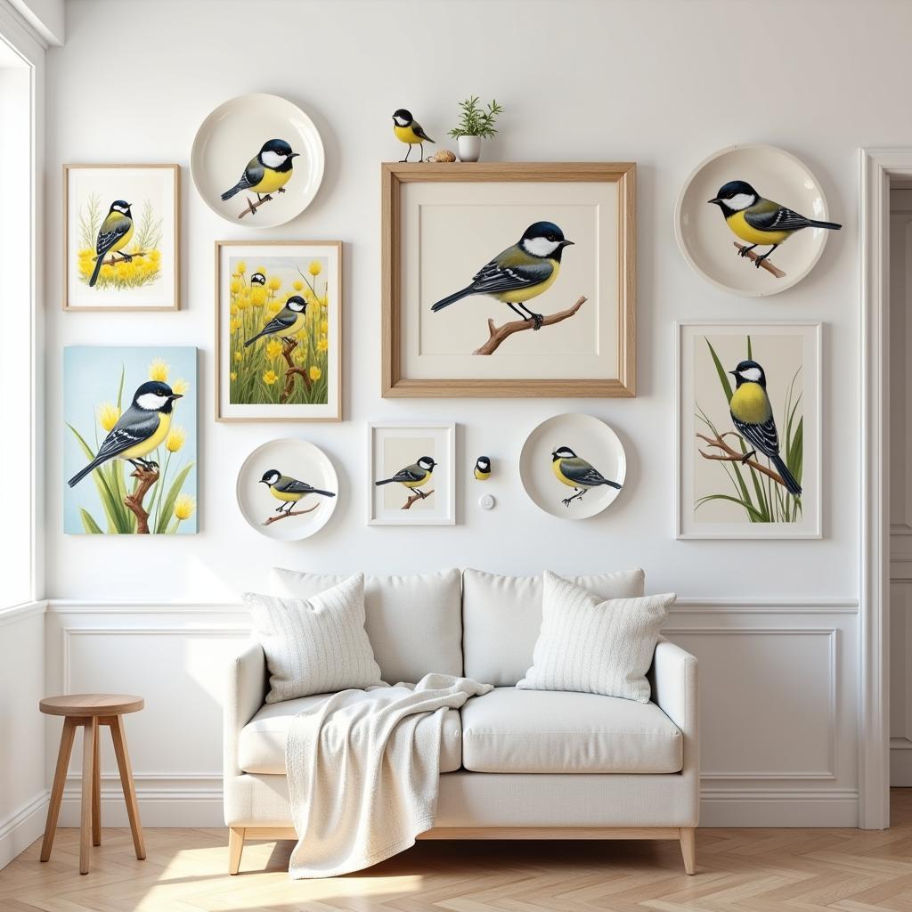 Gallery wall featuring a curated collection of chickadee-themed artwork