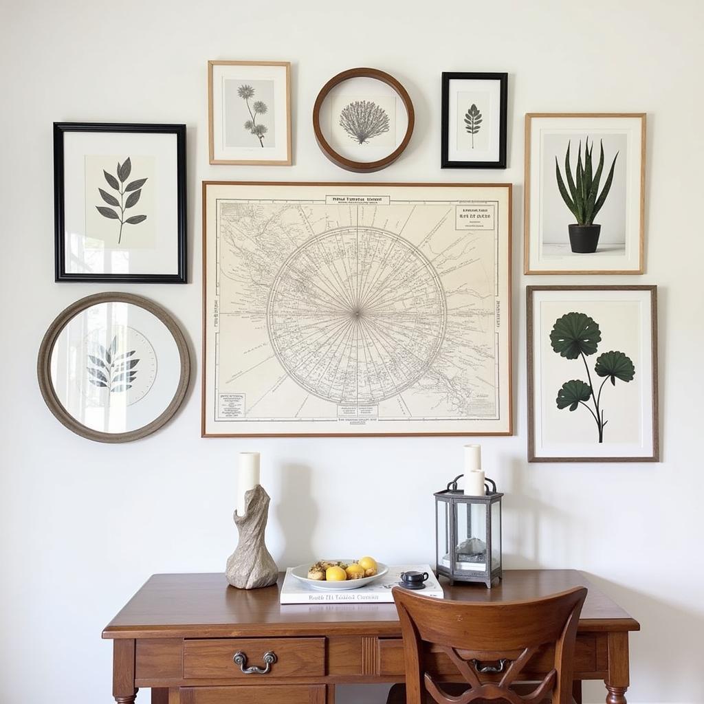 Eclectic gallery wall in a dining room with a mix of framed prints and photos