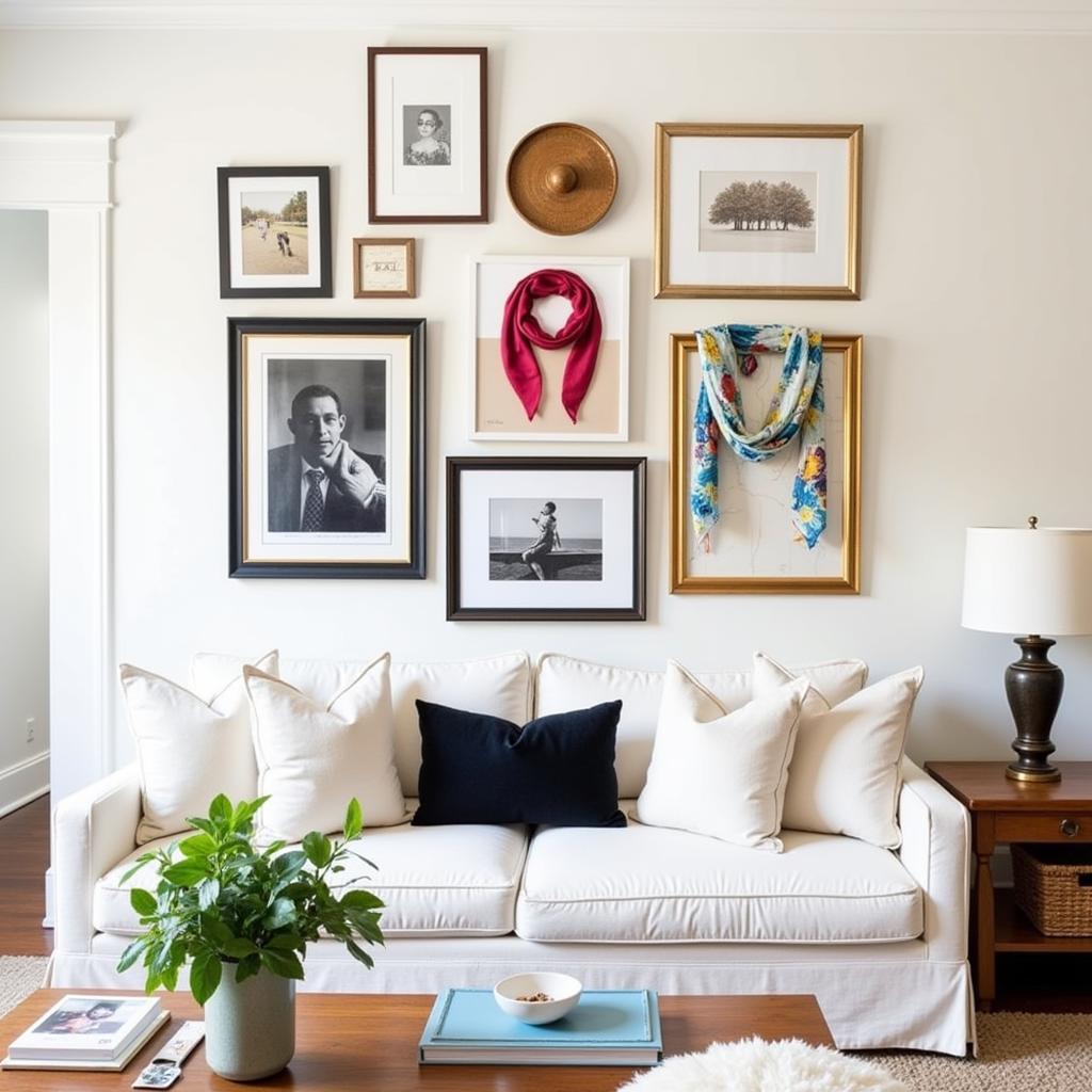 A gallery wall featuring a curated collection of framed scarves.