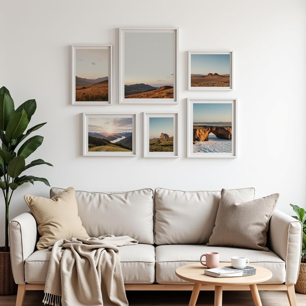 A stylish gallery wall featuring various sizes and styles of unstretched canvas art prints