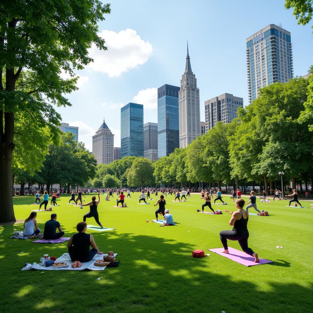 People enjoying a balanced lifestyle in a green urban environment