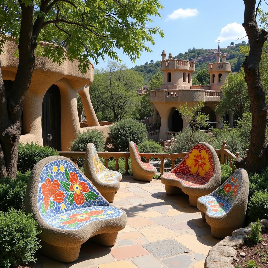 Park Güell's mosaic benches and organic structures blend seamlessly with the surrounding nature